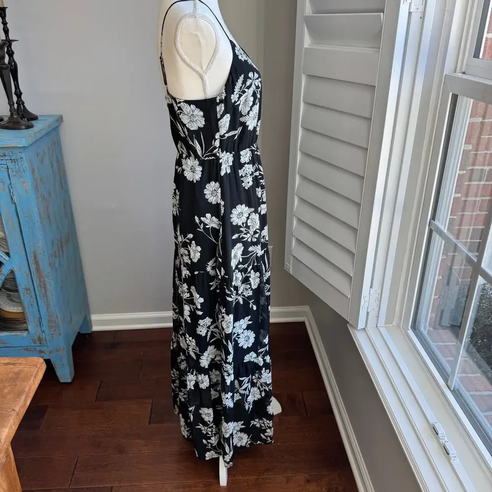 J. CREW MERCANTILE Dress Womens 6 Black White Floral Tiered Maxi Resort Wear - Picture 4 of 14